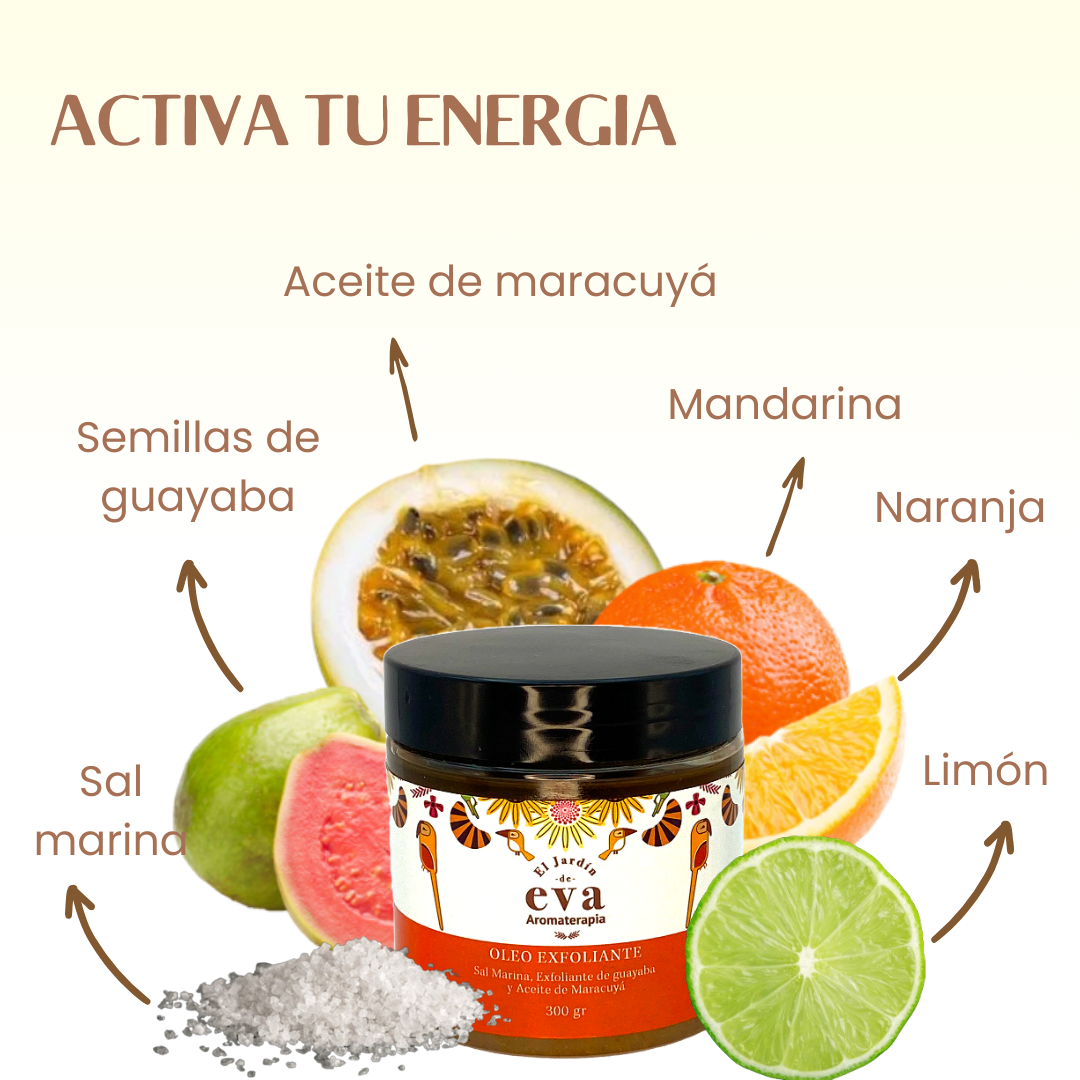 oleo exfoliante activate sal de mar semillas de guayaba aceites esenciales de mandarina limon y narajanja